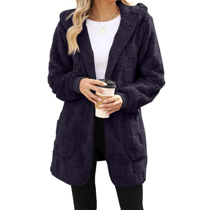🌸 50% OFF NOW!Hooded Fluffy Fleece Cardigan, Textured Check Pattern Open Front Coat with Pockets