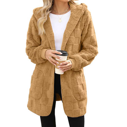 🌸 50% OFF NOW!Hooded Fluffy Fleece Cardigan, Textured Check Pattern Open Front Coat with Pockets