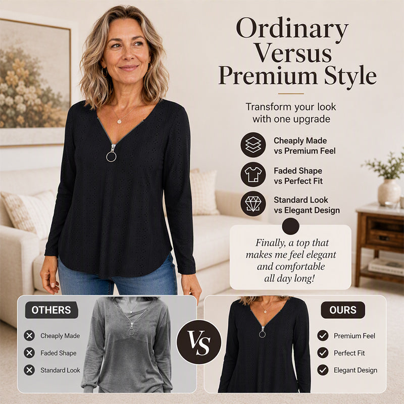 🍁New Fall Collection-Women's Zipper V-Neck Long Sleeve Top