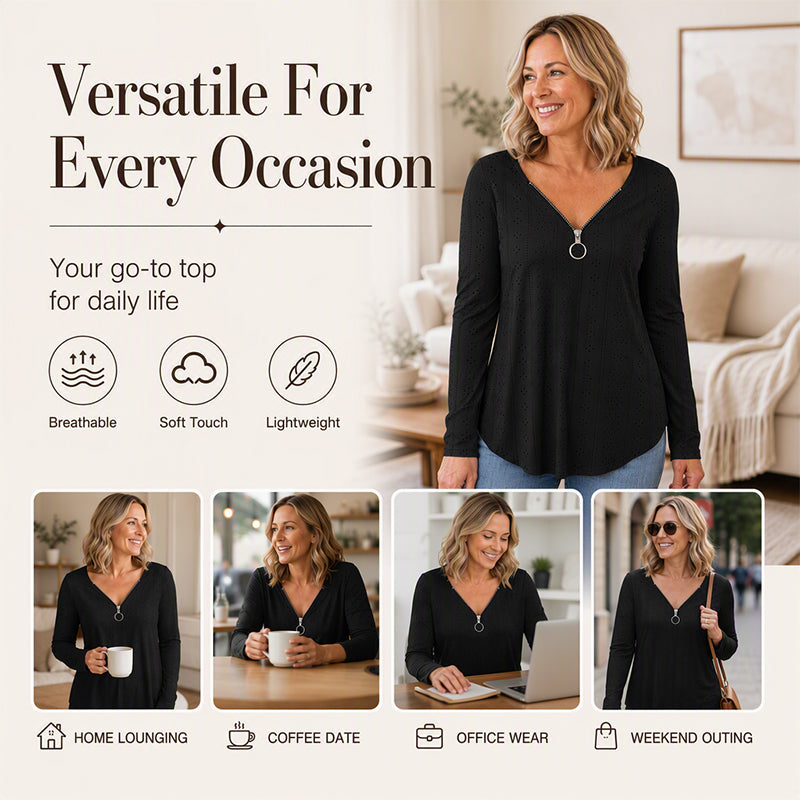 🍁New Fall Collection-Women's Zipper V-Neck Long Sleeve Top