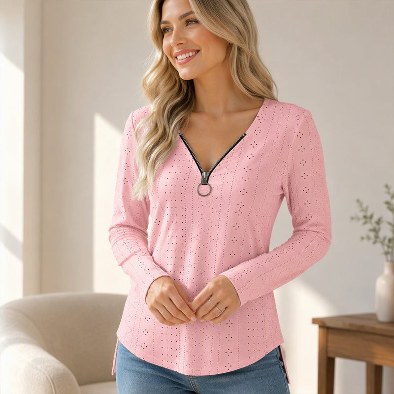 🍁New Fall Collection-Women's Zipper V-Neck Long Sleeve Top