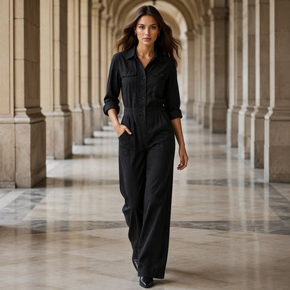 🍂 Women’s Wide-Leg Cargo Jumpsuit – Effortless Utility Style & Autumn Comfort