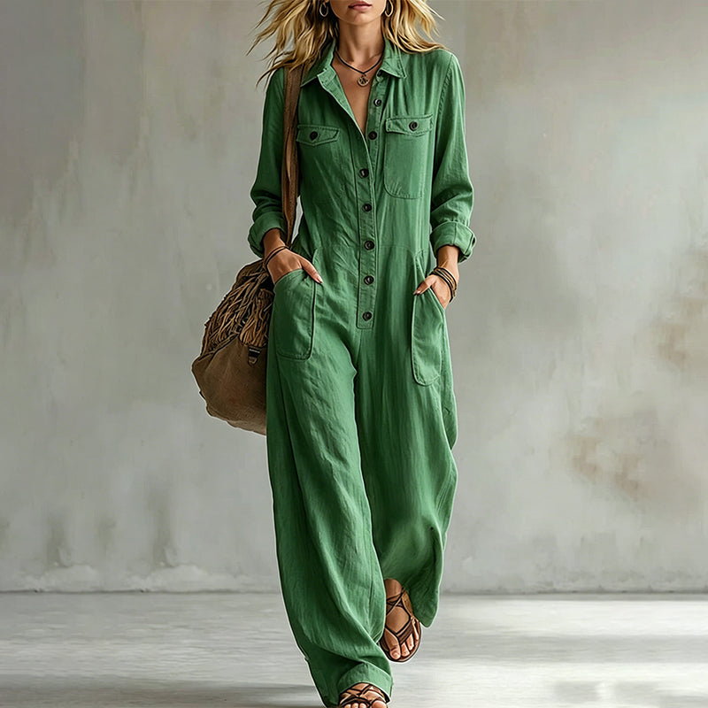 🍂 Women’s Wide-Leg Cargo Jumpsuit – Effortless Utility Style & Autumn Comfort