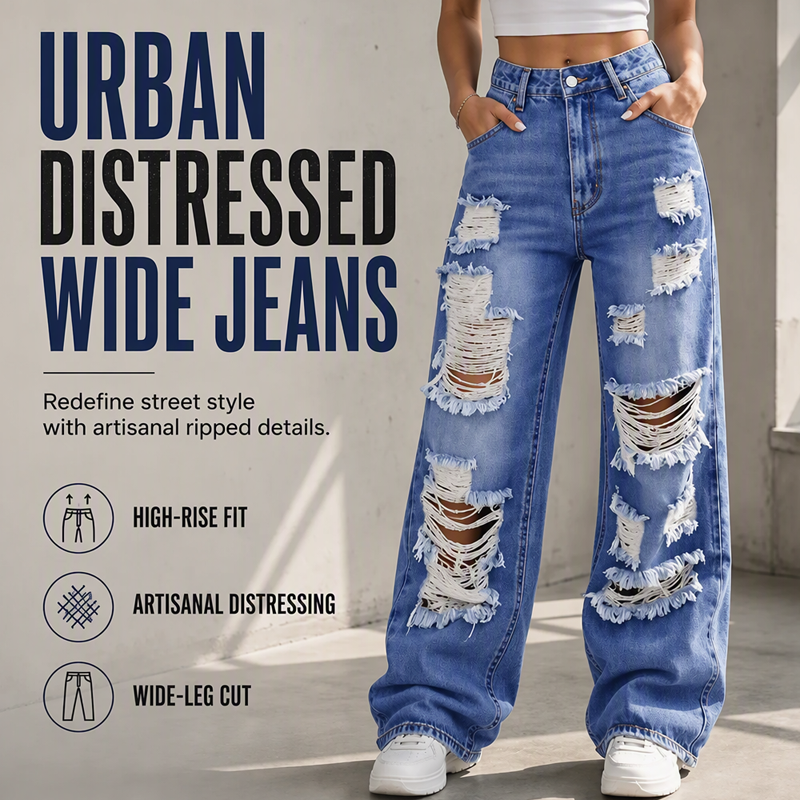 ✨ Effortless Everyday Style | Women's Distressed High-Rise Wide-Leg Jeans