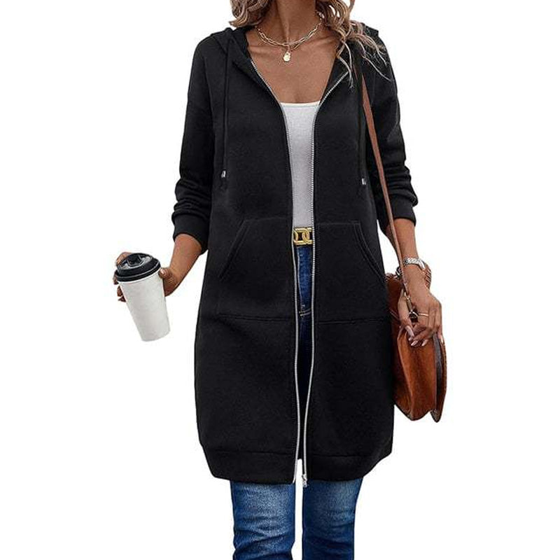 ⌛Limited-Time Offer🛍️Women Mid-Length Hooded Sweatshirt Jacket Casual Zip Up Cardigan Coat with Pockets