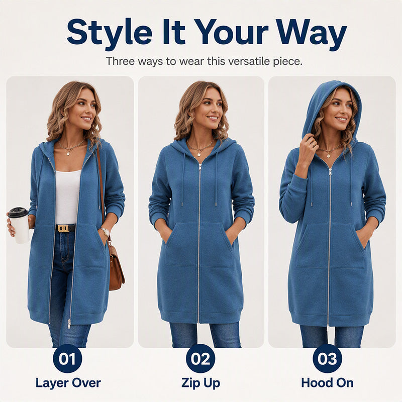 ⌛Limited-Time Offer🛍️Women Mid-Length Hooded Sweatshirt Jacket Casual Zip Up Cardigan Coat with Pockets