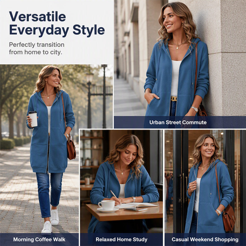 ⌛Limited-Time Offer🛍️Women Mid-Length Hooded Sweatshirt Jacket Casual Zip Up Cardigan Coat with Pockets