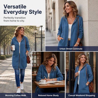 ⌛Limited-Time Offer🛍️Women Mid-Length Hooded Sweatshirt Jacket Casual Zip Up Cardigan Coat with Pockets
