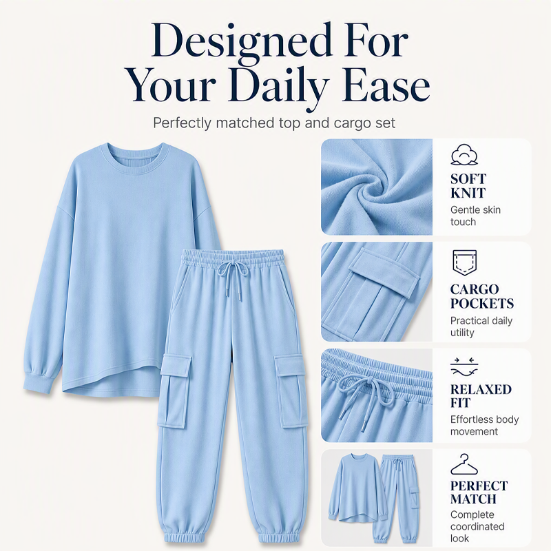 💥Limited Time 50% OFF ✨Women’s Casual Crew‑Neck Top & Multi‑Pocket Cargo Pants 2‑Piece Outfit Set