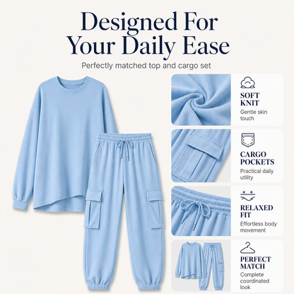 💥Limited Time 50% OFF ✨Women’s Casual Crew‑Neck Top & Multi‑Pocket Cargo Pants 2‑Piece Outfit Set
