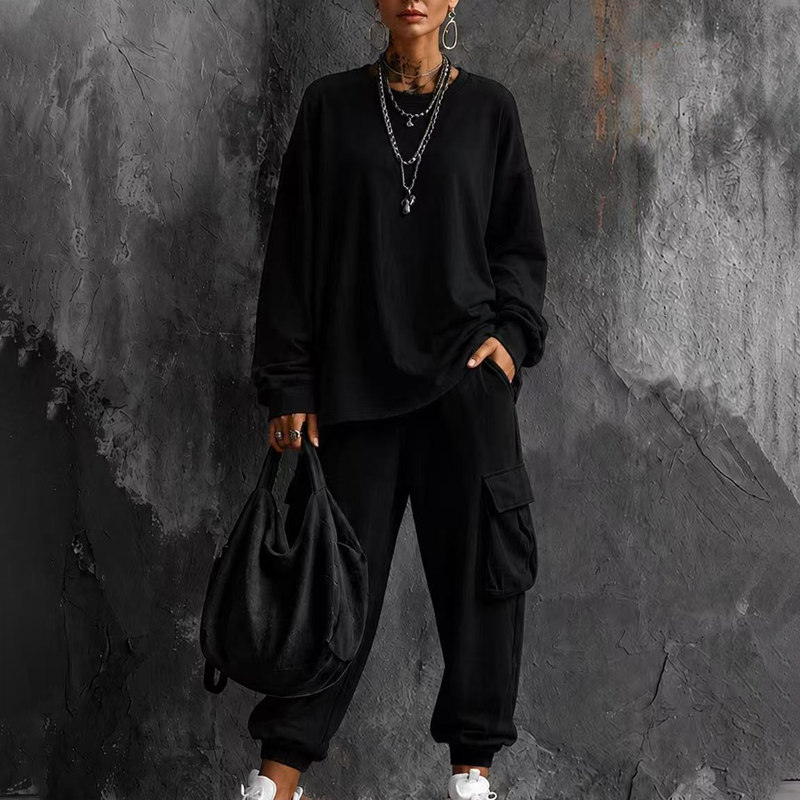 💥Limited Time 50% OFF ✨Women’s Casual Crew‑Neck Top & Multi‑Pocket Cargo Pants 2‑Piece Outfit Set