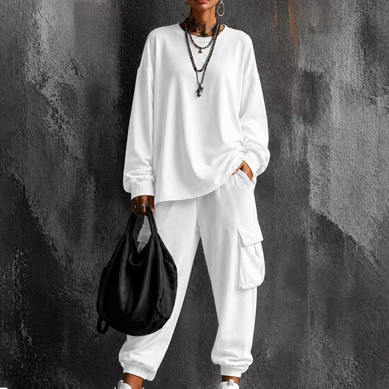 💥Limited Time 50% OFF ✨Women’s Casual Crew‑Neck Top & Multi‑Pocket Cargo Pants 2‑Piece Outfit Set