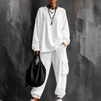 💥Limited Time 50% OFF ✨Women’s Casual Crew‑Neck Top & Multi‑Pocket Cargo Pants 2‑Piece Outfit Set