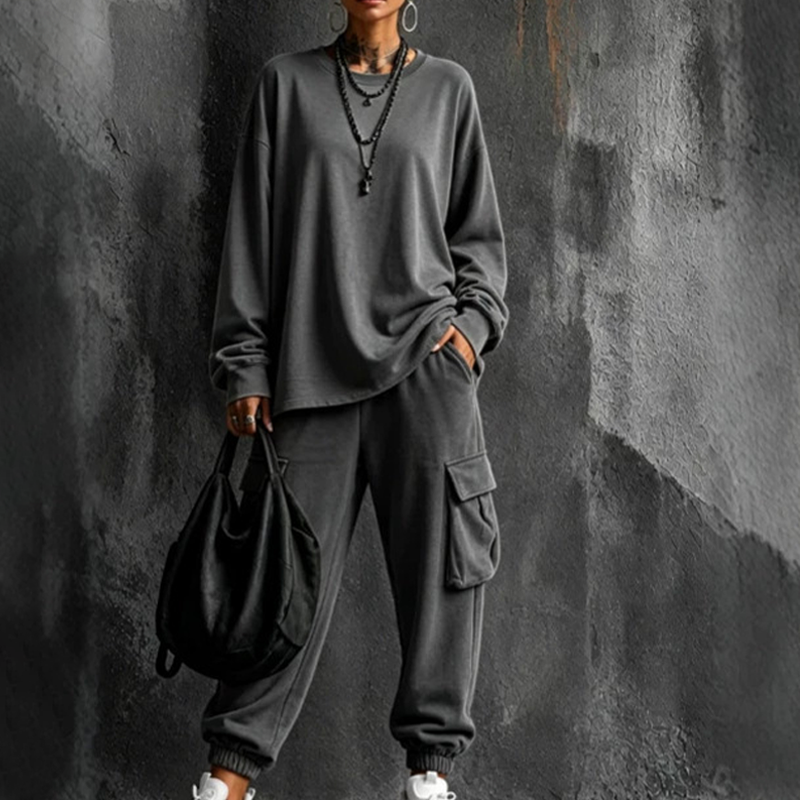 💥Limited Time 50% OFF ✨Women’s Casual Crew‑Neck Top & Multi‑Pocket Cargo Pants 2‑Piece Outfit Set