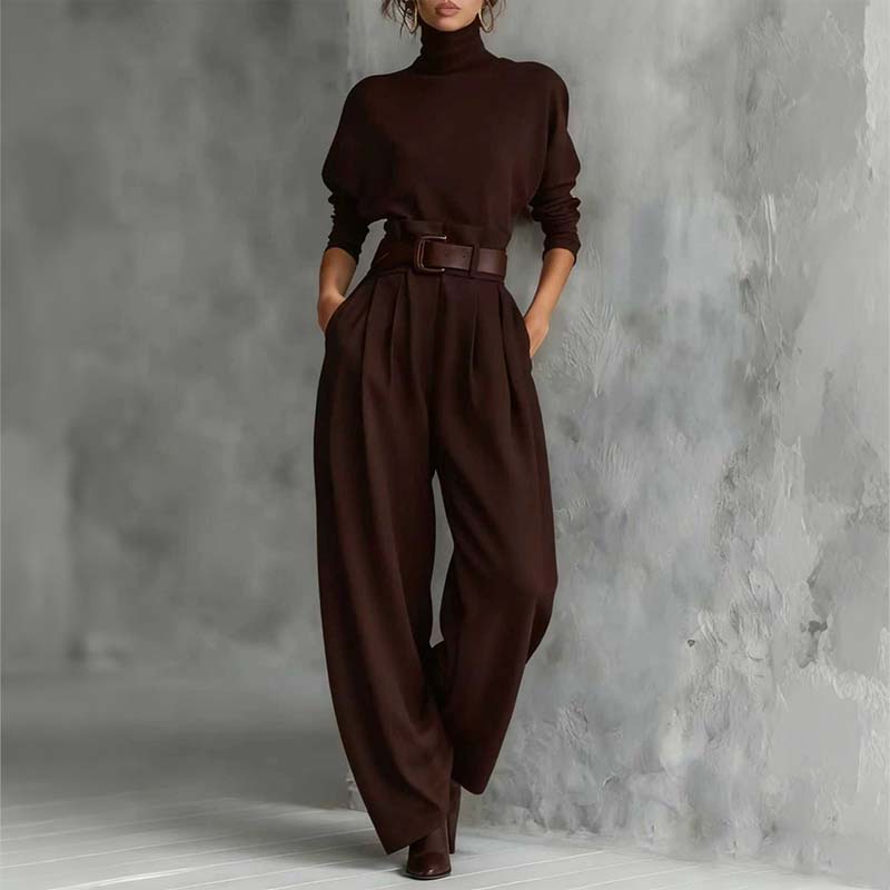 ✨ Effortless Elegance | Women's Turtleneck Top & High-Waist Pants 2-Piece Set