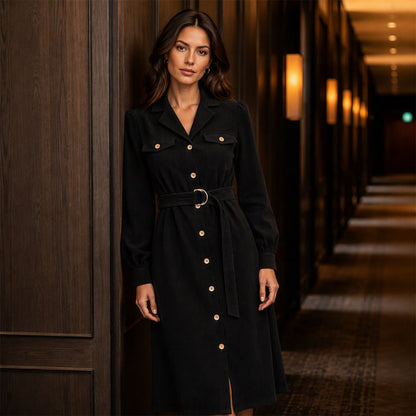 ⌛Limited-Time Offer-Women's Corduroy Midi Shirt Dress with Belt