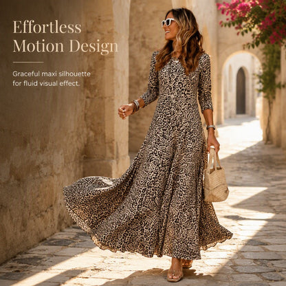 Women's Casual Leopard Print Long Sleeve Maxi Dress
