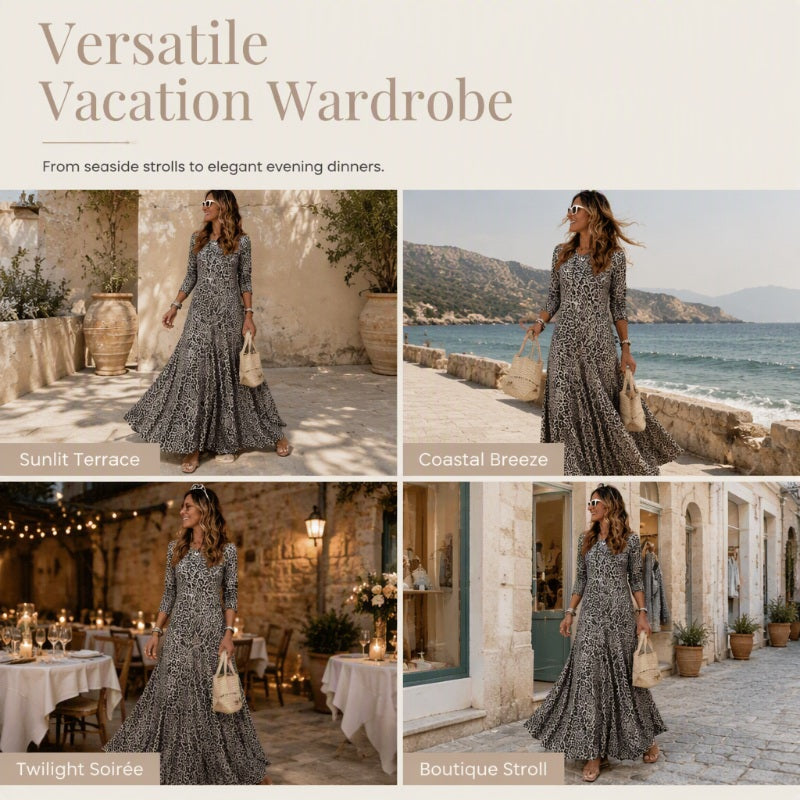 Women's Casual Leopard Print Long Sleeve Maxi Dress