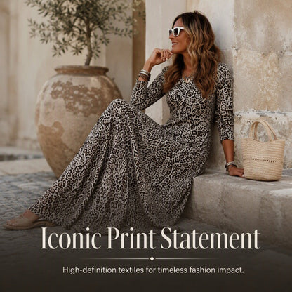 Women's Casual Leopard Print Long Sleeve Maxi Dress