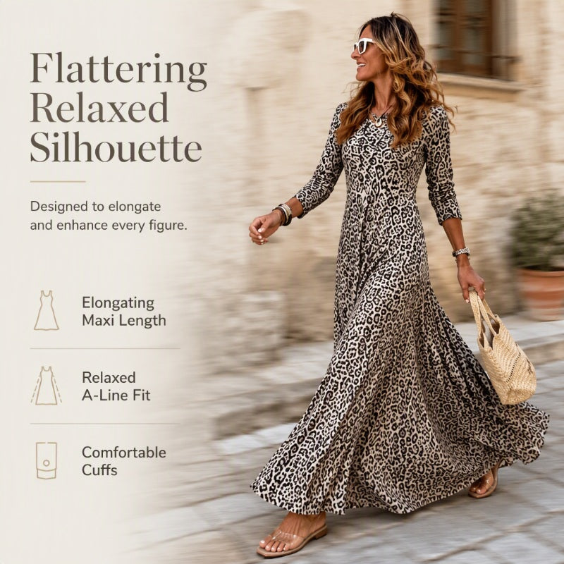 Women's Casual Leopard Print Long Sleeve Maxi Dress