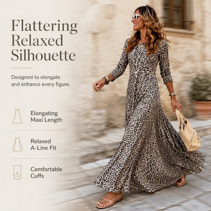 Women's Casual Leopard Print Long Sleeve Maxi Dress