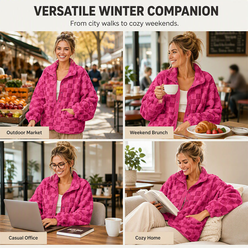 Hot Sale 50% OFF✨👚Women's Checkerboard Snap Button Plush Jacket