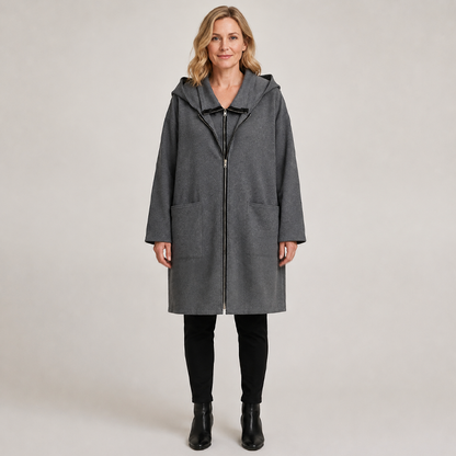 Women's Hooded Mid-Length Jacket with 2 Zippers
