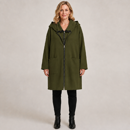 Women's Hooded Mid-Length Jacket with 2 Zippers