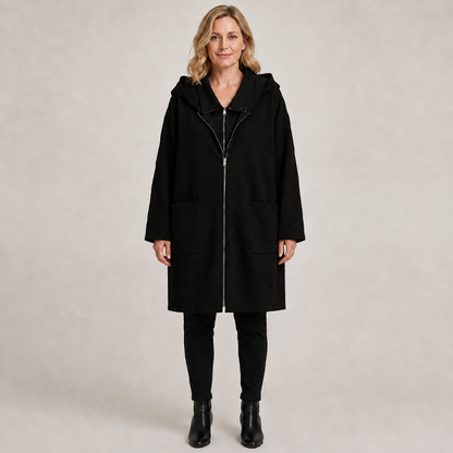 Women's Hooded Mid-Length Jacket with 2 Zippers