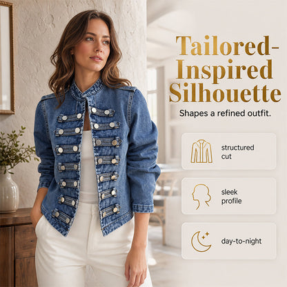 ✨ Vintage Statement Style | Women's Stand-Collar Denim Jacket with Symmetrical Metallic Buttons