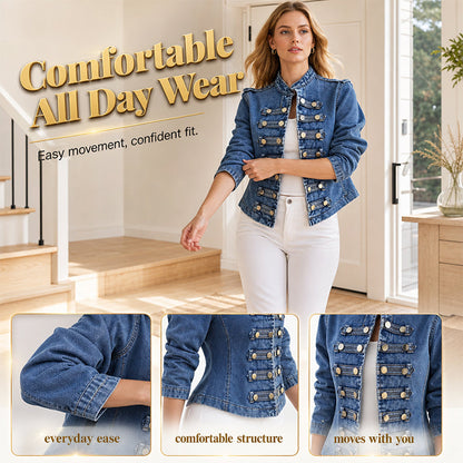 ✨ Vintage Statement Style | Women's Stand-Collar Denim Jacket with Symmetrical Metallic Buttons
