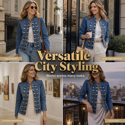 ✨ Vintage Statement Style | Women's Stand-Collar Denim Jacket with Symmetrical Metallic Buttons