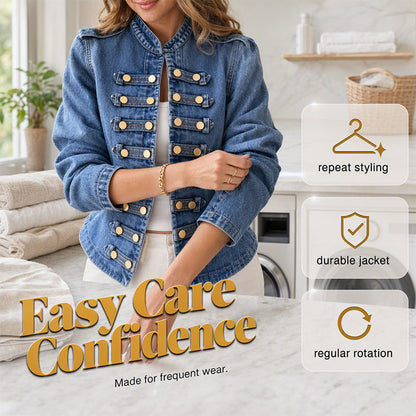 ✨ Vintage Statement Style | Women's Stand-Collar Denim Jacket with Symmetrical Metallic Buttons