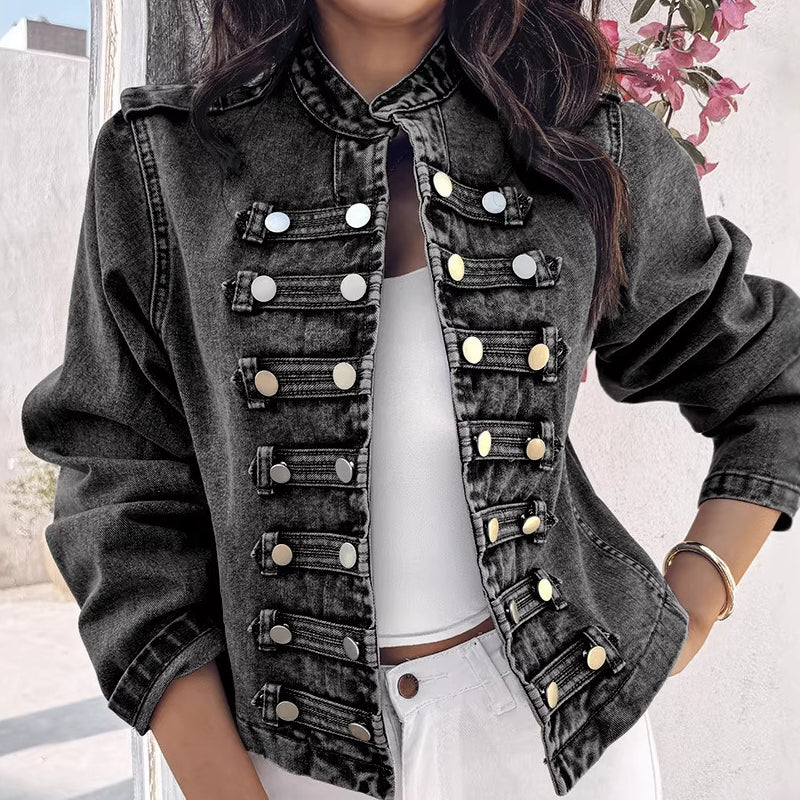 ✨ Vintage Statement Style | Women's Stand-Collar Denim Jacket with Symmetrical Metallic Buttons