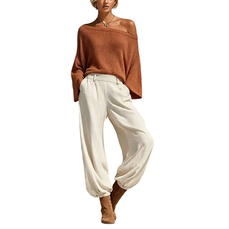 Women's Off-Shoulder Knit Top & Casual Pants Set