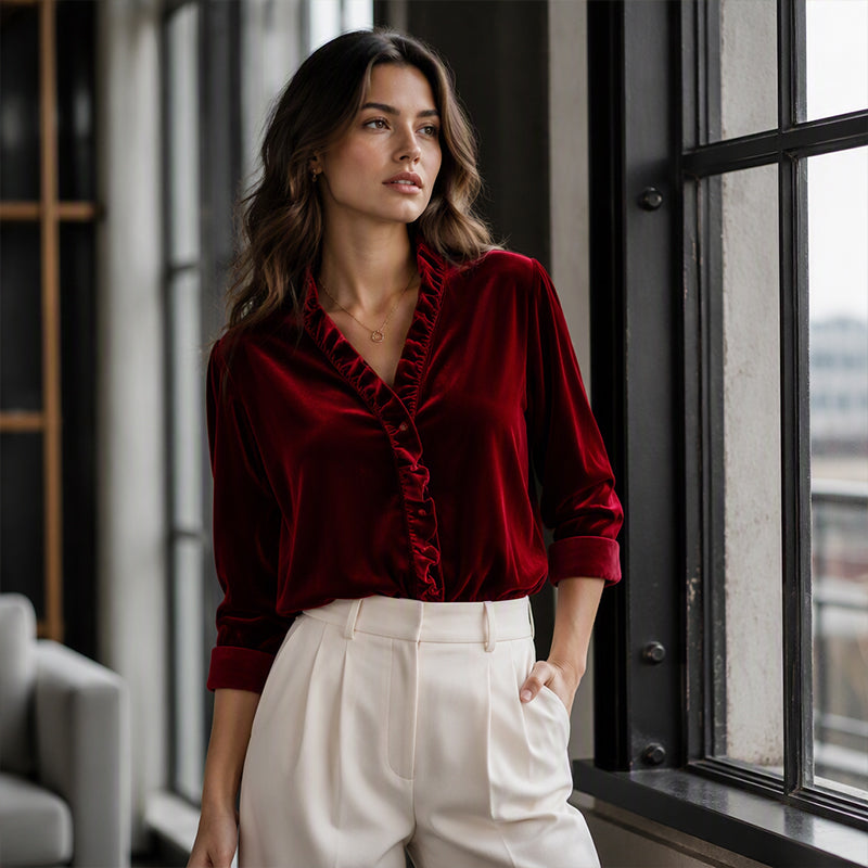 🍂✨ Women's Solid Color Ruffle Neck Blouse – Elegant, Flattering & Effortlessly Chic