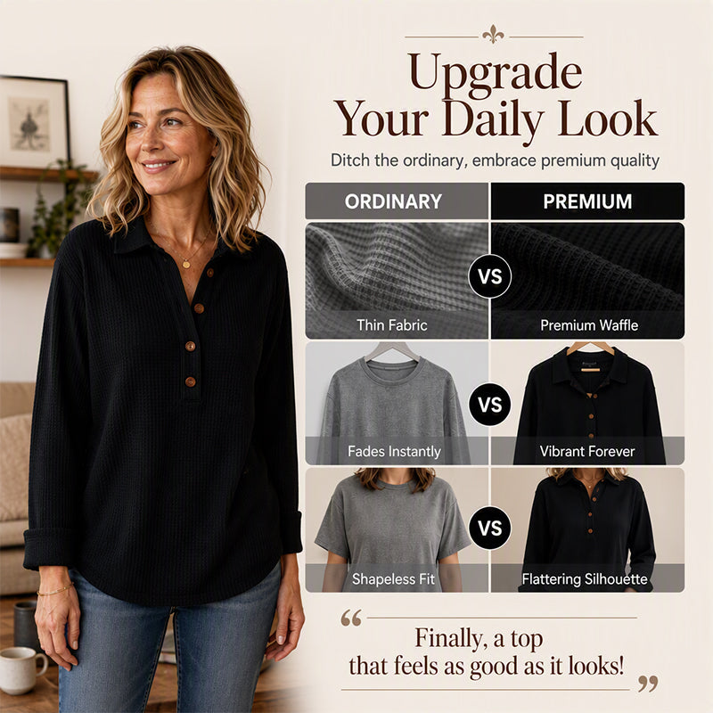 🧶✨ Women's Waffle Knit Long Sleeve Henley Top – Cosy, Flattering & Effortlessly Stylish