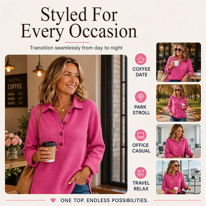 🧶✨ Women's Waffle Knit Long Sleeve Henley Top – Cosy, Flattering & Effortlessly Stylish
