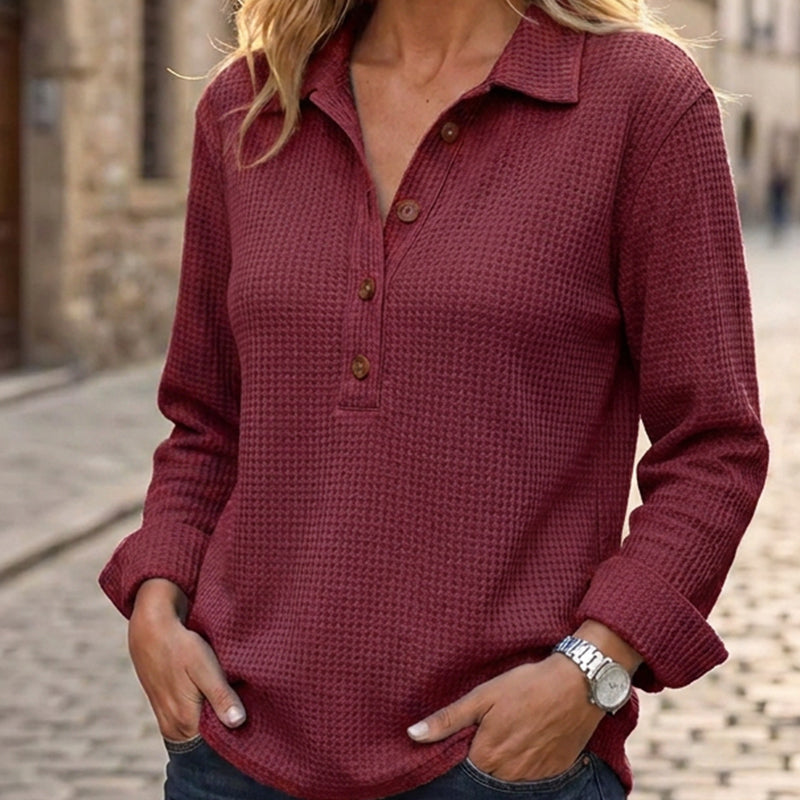 🧶✨ Women's Waffle Knit Long Sleeve Henley Top – Cosy, Flattering & Effortlessly Stylish