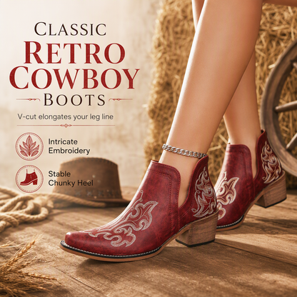 Women's Retro V-Cut Block Heel Martin Boots Plus Size Fall Winter Solid Color and Floral Print Ankle Boots
