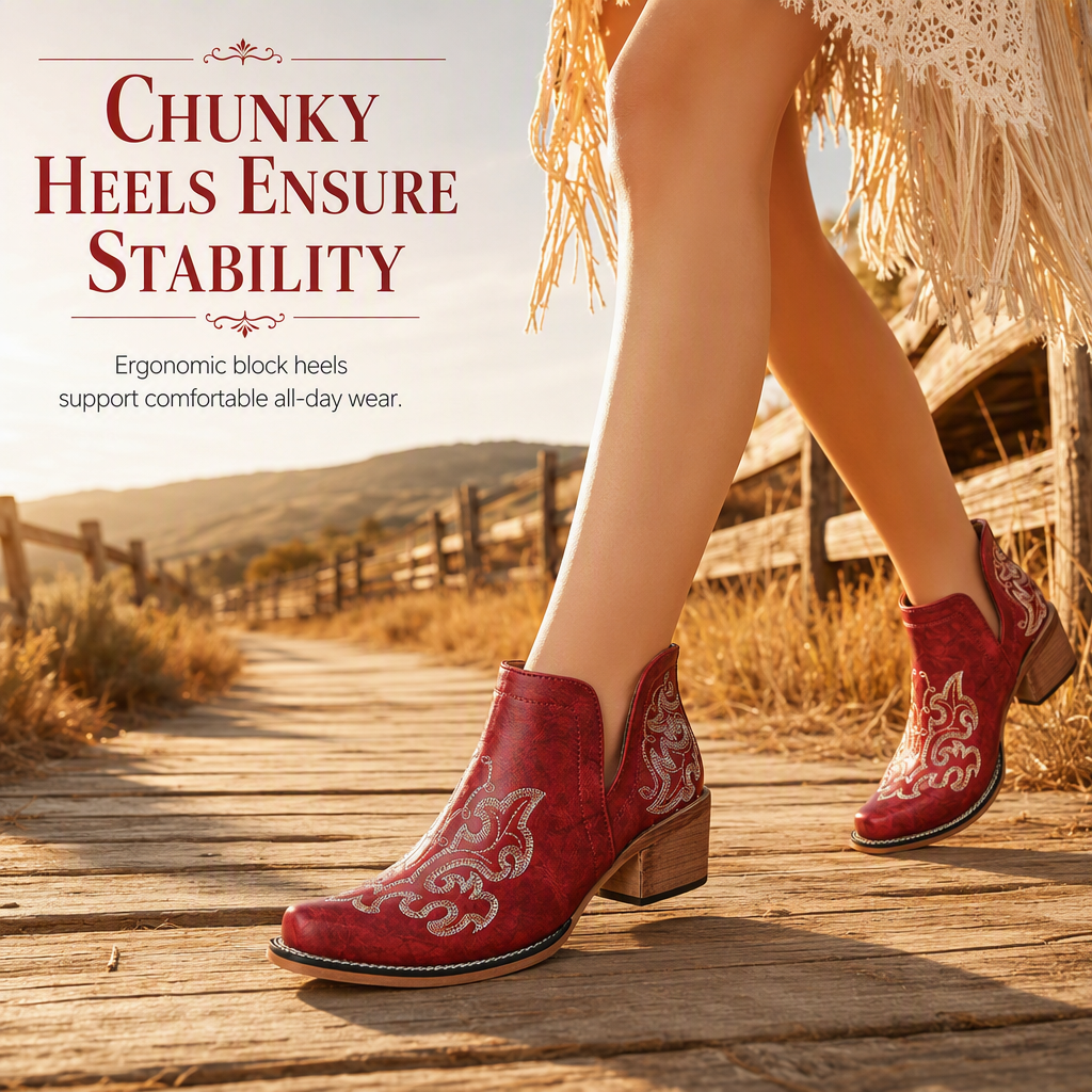 Women's Retro V-Cut Block Heel Martin Boots Plus Size Fall Winter Solid Color and Floral Print Ankle Boots