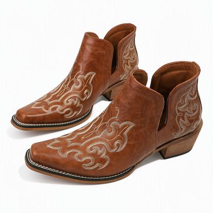 Women's Retro V-Cut Block Heel Martin Boots Plus Size Fall Winter Solid Color and Floral Print Ankle Boots