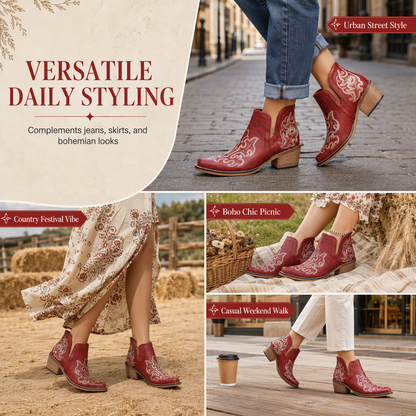 Women's Retro V-Cut Block Heel Martin Boots Plus Size Fall Winter Solid Color and Floral Print Ankle Boots