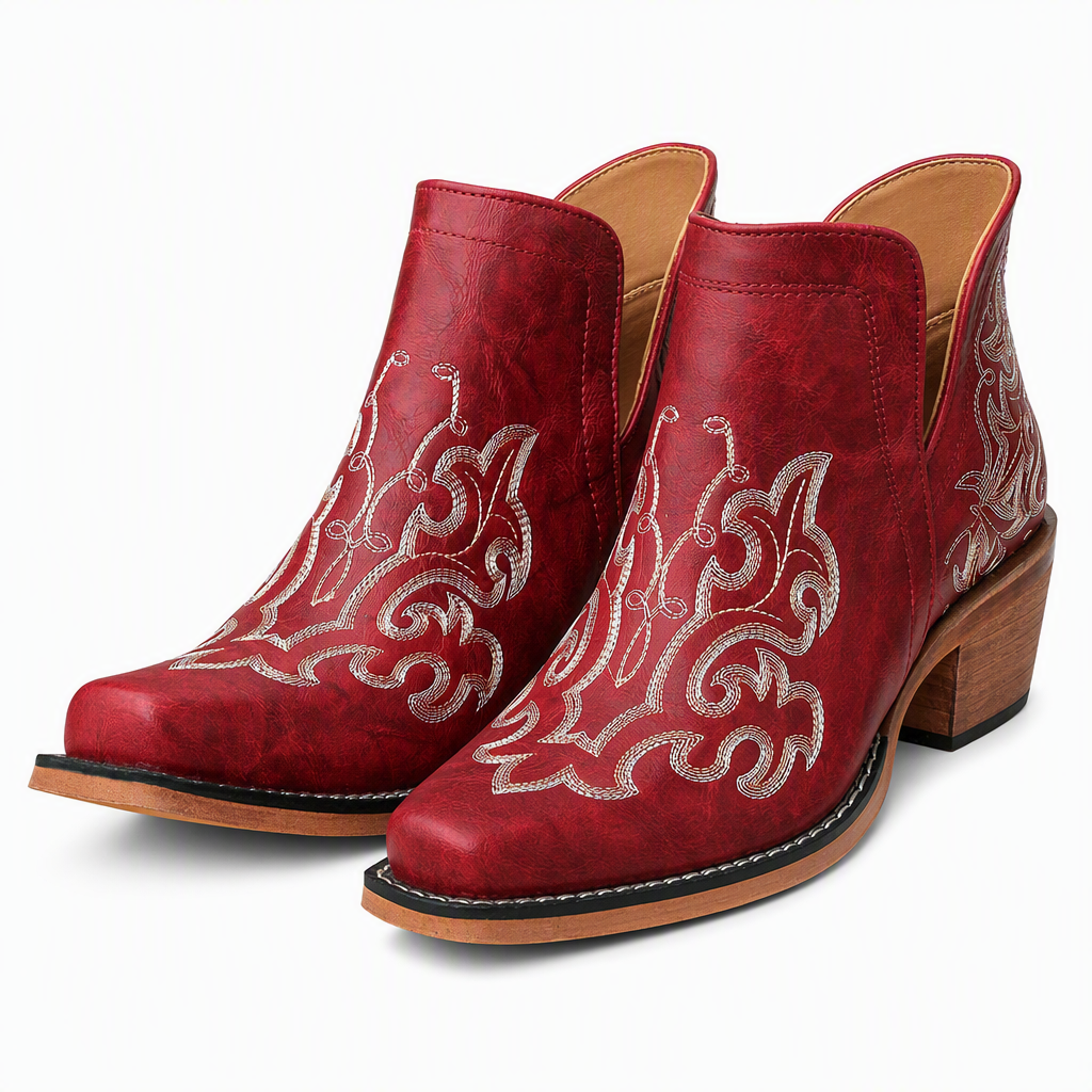 Women's Retro V-Cut Block Heel Martin Boots Plus Size Fall Winter Solid Color and Floral Print Ankle Boots