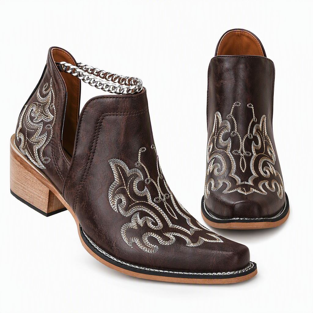 Women's Retro V-Cut Block Heel Martin Boots Plus Size Fall Winter Solid Color and Floral Print Ankle Boots