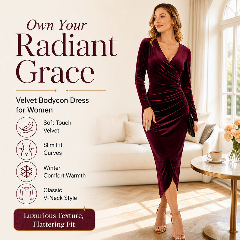 👗✨Women's V-Neck Velvet Ruched Bodycon Dress