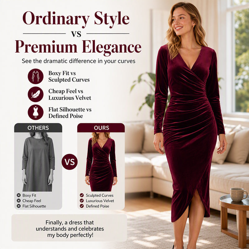 👗✨Women's V-Neck Velvet Ruched Bodycon Dress