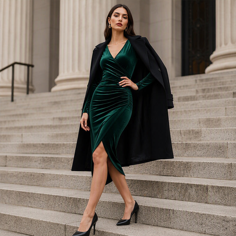 👗✨Women's V-Neck Velvet Ruched Bodycon Dress