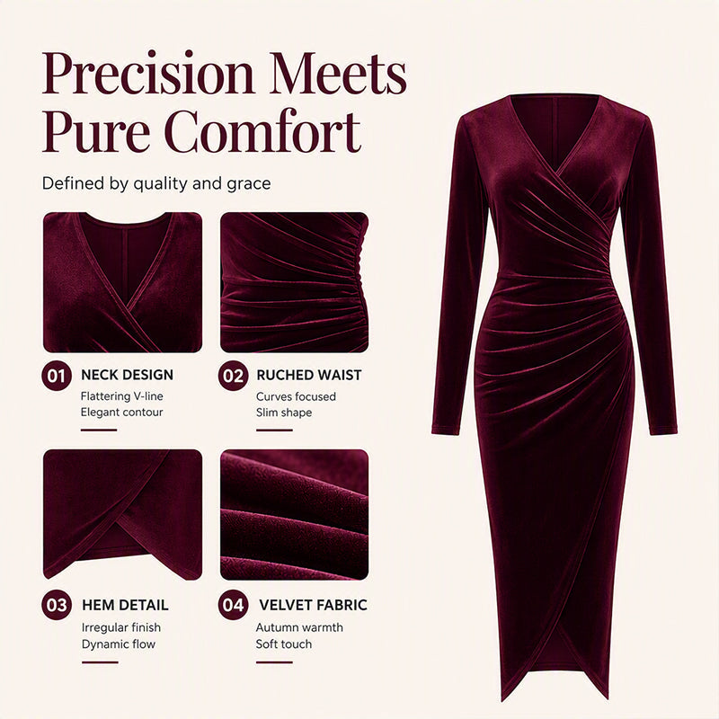 👗✨Women's V-Neck Velvet Ruched Bodycon Dress