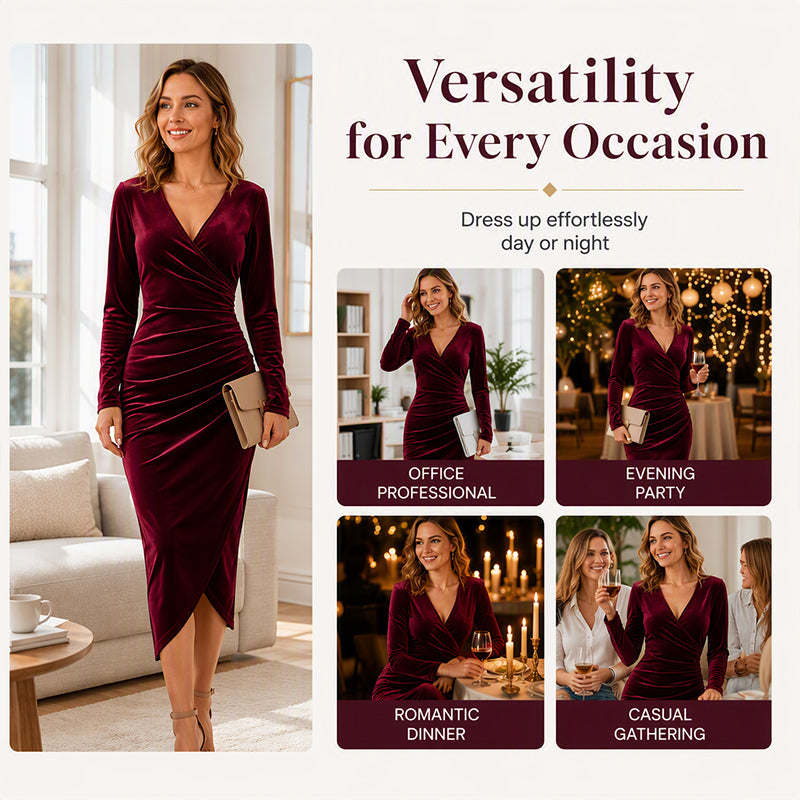 👗✨Women's V-Neck Velvet Ruched Bodycon Dress